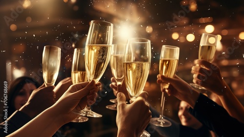 Hand holding glass of champagne, people cheering, cheers, spending a moment together with friends, party, happy moment, nightclub, restaurant, cheering, family, sparkling wine, luxury