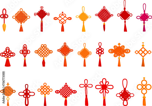 Chinese knots icons set cartoon vector. Traditional lucky. Decoration gold