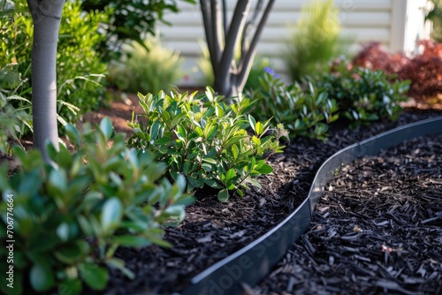 Matte black aluminum garden edging on a dark mulch bed