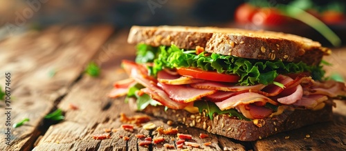 Sandwich Tasty sandwich with ham or bacon cheese tomatoes lettuce and grain bread Delicious club sandwich or school lunch breakfast or snack. with copy space image. Place for adding text or design