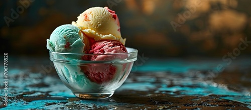 Neapolitan ice cream Glass bowl with ice cream in strawberry vanilla and chocolate flavors. with copy space image. Place for adding text or design