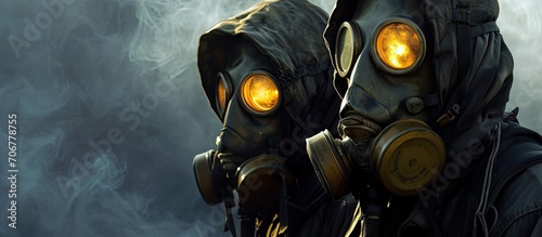 Two man wearing gas masks after nuclear disaster. with copy space image. Place for adding text or design
