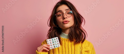 Thoughtful young woman and hands with different means of contraception on color background. with copy space image. Place for adding text or design