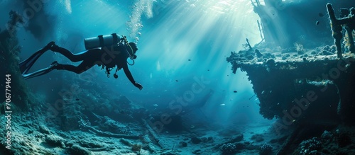 scuba diver professional diving in a shipwreck. with copy space image. Place for adding text or design