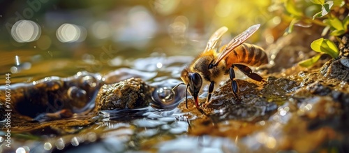 Several bees apis mellifera on the cracks of wet rocks and drinking natural spring water. with copy space image. Place for adding text or design