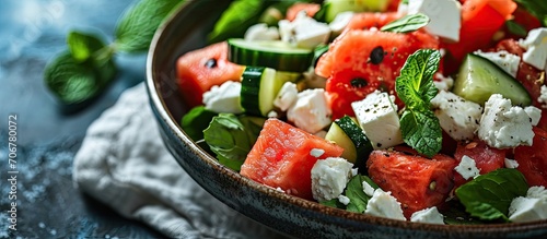 Summer salad with watermelon mint cucumber and feta cheese close up Shadows. with copy space image. Place for adding text or design