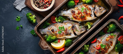 Salmon Baked roasted fish steaks slices Grilled salmon trout fillet fish in marinade with broccoli in baking dish Diet meal dinner Top view. with copy space image. Place for adding text or design