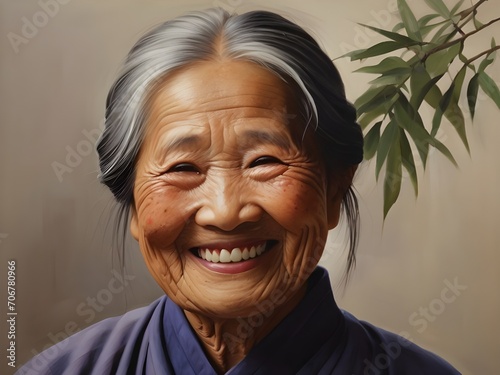 Painting of an elderly Asian woman with a smile on her face. Generative AI