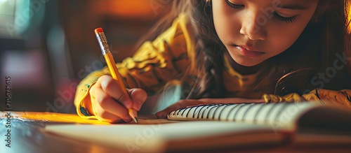 preteen girl with pencil writing in notebook on blurred foreground. with copy space image. Place for adding text or design
