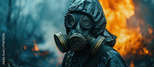 The concept of viral infection security A man in a protective suit and gas mask. with copy space image. Place for adding text or design