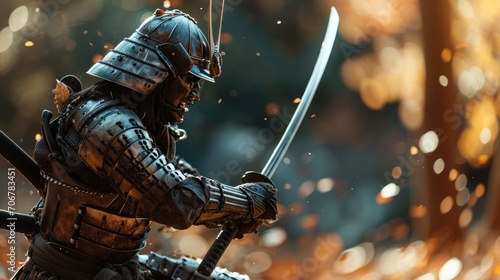 Epic Battle of the Samurai: Witness the Valor of a Warrior in Japan, Engaged in Fierce Combat with Sword and Armor, Upholding the Time-Honored Code of Bushido.
