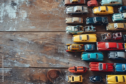 Miniature Automobile Harmony: Artfully Arranged Tiny Toy Cars in a Flat Lay on a Wooden Background, Forming a Creative Composition of Childhood Joy and Imaginative Play.