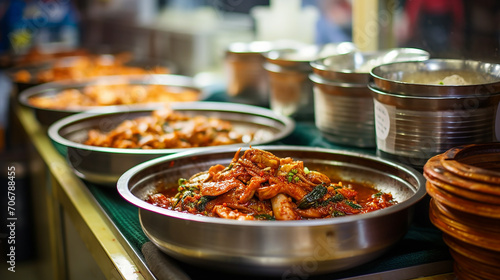 bowls of kimchi on a Korean traditional food market