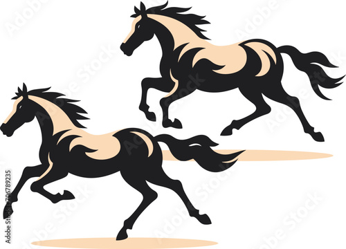 Two horses galloping dynamically, stylized brown equines on the move. Elegance and freedom in animal motion vector illustration.