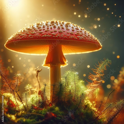Fly agaric mushroom in moss. Fantasy forest. 3d render