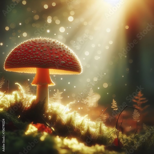 Fly agaric mushroom in the forest with bokeh effect