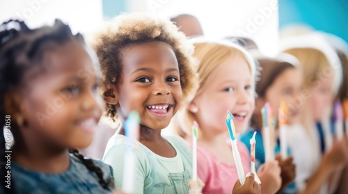Closeup of a group of children receiving dental hygiene education at a schoolbased health fair.