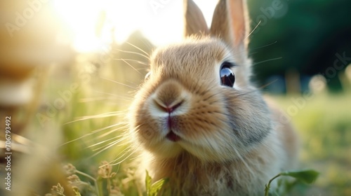 Closeup of a rabbits nose twitching with curiosity, natural and free in its spacious outdoor enclosure.
