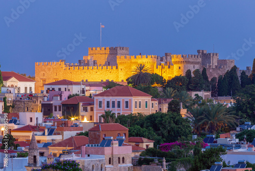 Scenic view of the historical part and the fort of Rhodes at sunset.