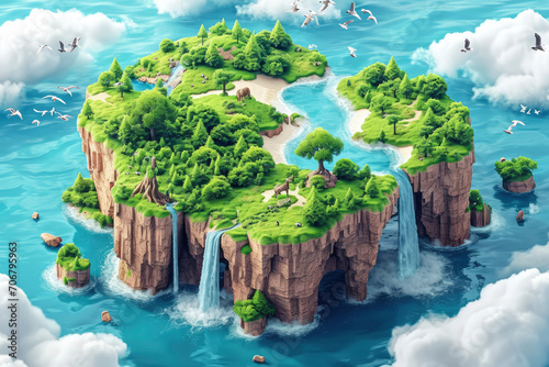 isometric land with beautiful blue ocean and green forest with trees and animals. piece of land with beautiful landscape and mountain,