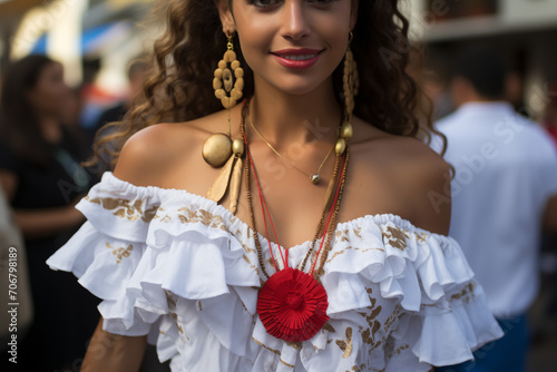 Mujer lleva vestido alegórico latinoamericano con collar bordado 