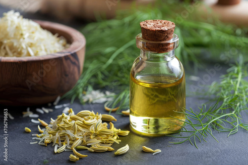 fennel oil in a glass bottle on a table.generative AI