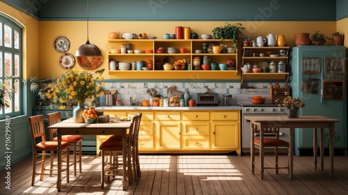 bright kitchen with furniture, fruit, flowers