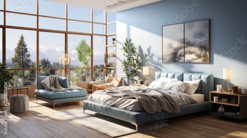 Comfortable bed with a light blue color concept