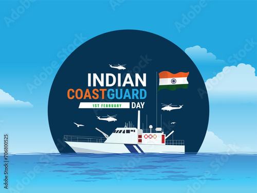 Indian Coast Guard Day is observed on 1 February every year to honor the important role that the organization plays Editable Vector Illustration, Indian Coast Guard patrolling surveillance boats