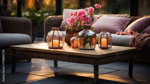 Flowers and candle lanterns on rattan table near rattan sofa with patterned pillows on terrace