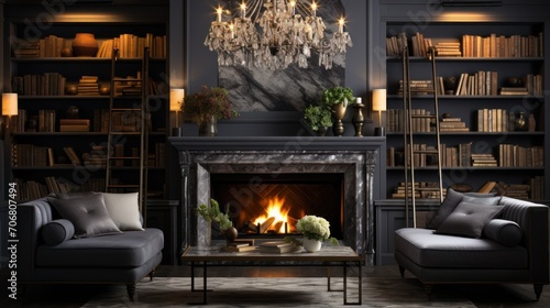 living room, marble wall fireplace and stylish bookshelves, to luxurious ceilings and light fixtures