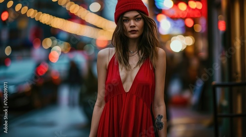 A flowy red maxi dress with a deep Vneck and thighhigh slits, paired with chunky black boots and a red beanie for an edgy, feminine streetwear look.
