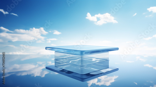 A crystal clear graduation cap, 3D rendered with a transparent effect against a serene blue sky