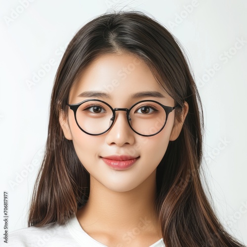 a face portrait of a beautiful young pale cute asian woman girl female with straight long hair wearing glasses. isolated on white studio background in square format.