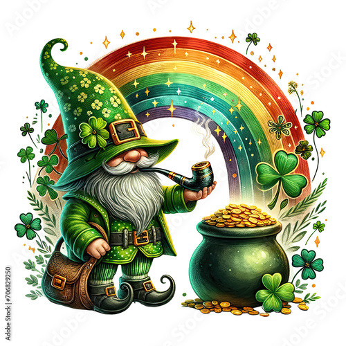 St. Patrick's Day Rainbow Gnome Clipart - Hand-Drawn Lucky Gnomes and Pot of Gold