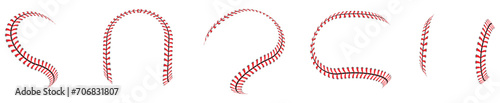 Creative vector illustration of sports baseball ball stitches, red lace seam isolated on transparent background.