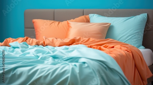White pillows, blanket and duvet cover on blue bed. Bed messy.