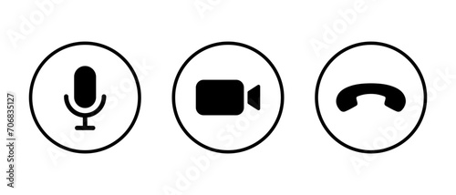 Microphone, video call camera, and end handset icon vector on circle line