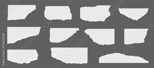 Torn paper scrap with ragged edges set. Ripped template. Piece of horizontal paper. Vector illustration of torn blank pages with uneven texture edges isolated