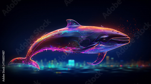 Neon whale on a black background.