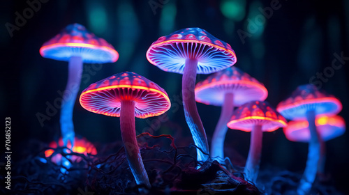 Fly agarics in a clearing at night.