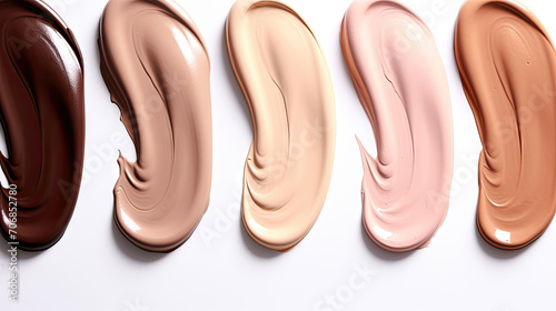 Collection different tones bb cream swatch sample isolated on white background. Texture of makeup foundation. Cosmetic liquid foundation, concealer or moisturizer.