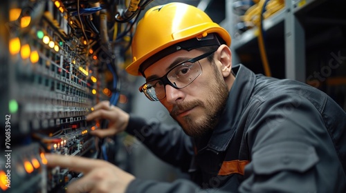 Portrait of a man in a helmet and work clothes standing in a power supply station, repair and adjustment by an electrician of an electrical panel
