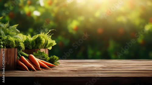 A bountiful harvest of fresh vegetables on a rustic wooden table, set against a sunlit garden backdrop.