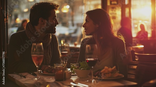 Side view portrait of laughing couple enjoying date in cafe