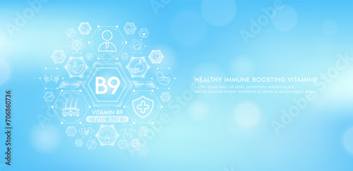 Vitamin B9 or Folic Acid with medical icons. Vitamins minerals from natural essential health skin care body organs healthy. Build immunity antioxidants digestive system. Banner vector EPS10.