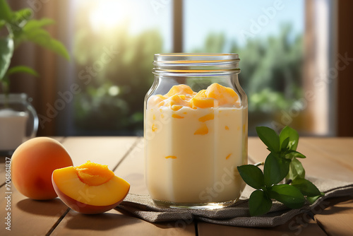 Peach smoothie in a mason jar glass