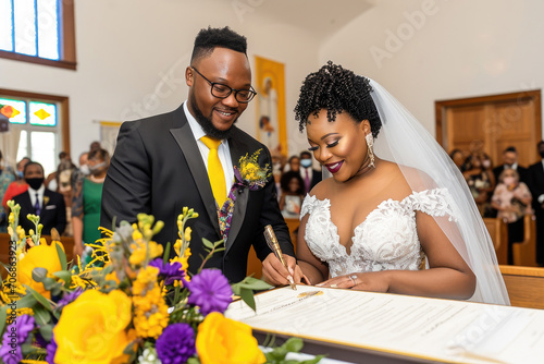 Happy African American bride and groom signing the marriage certificate during church wedding ceremony.
