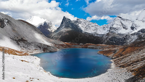 Green blue milk lake with beautiful snow mountains one of the famous lake in Yading Nature Reserve, China