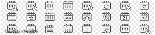 Calendar, Event, Schedule, Appointment, Agenda, Table calendar, Date Editable stroke Solid line icon set collection Vector illustration.